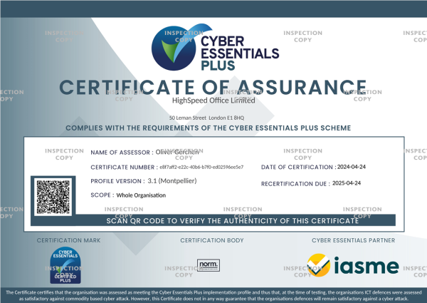 hSo Cyber Essentials Plus Certificate